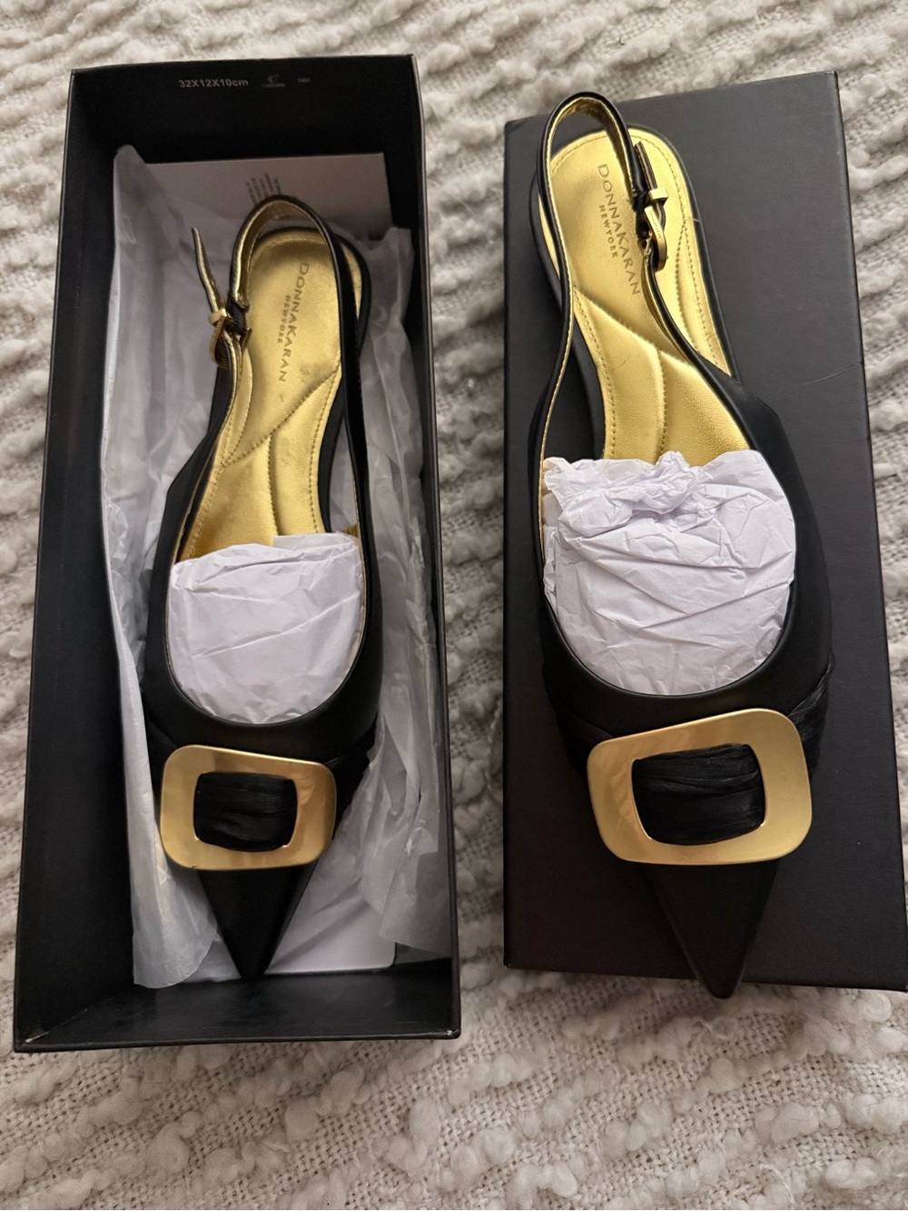 Donna Karan Black Pointed Slingback Flats with Gold Buckle Accent
